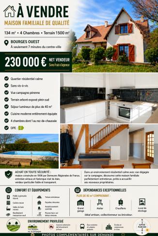Maison familiale 134 m² – Givaudins (Plaimpied) - 1500 m² + Bus gratuit, Ecoles, commerces à 4 kms - Plaimpied-Givaudins (18340)